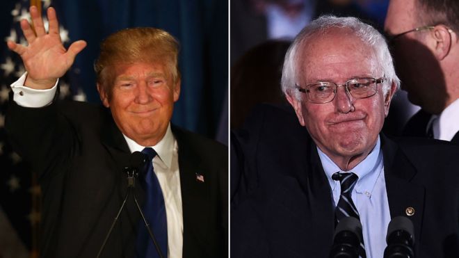 New Hampshire marks a dramatic win for two outsiders: Republican Donald Trump (L) and Democrat Bernie Sanders (R)