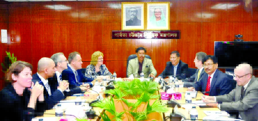 State Minister for CHT Affairs Bir Bahadur Ushwe Sing sharing opinion with European Parliamentary Delegation at the seminar room of his ministry on Wednesday.