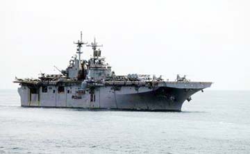 A USS Boxer LHD travels at an offshore location in Goa.