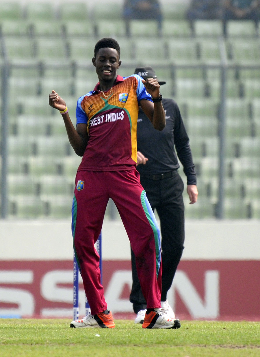 Shamar Springer celebrates a wicket with his signature dance.
