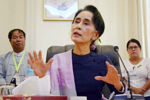 Myanmar's National League for Democracy (NLD) chairperson Aung San Suu Kyi speaking at a party workers meeting.