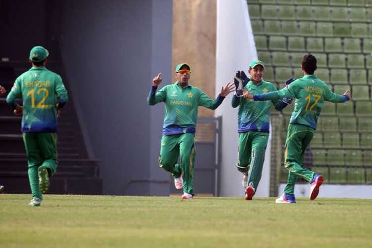 Players of Pakistan Under-19 Cricket team celebrating after dismissal of a wicket of England Under-19 Cricket team during their fifth place play-off match of the ICC Under-19 Cricket World Cup at the Khan Shaheb Osman Ali Stadium in Fatullah on Friday.