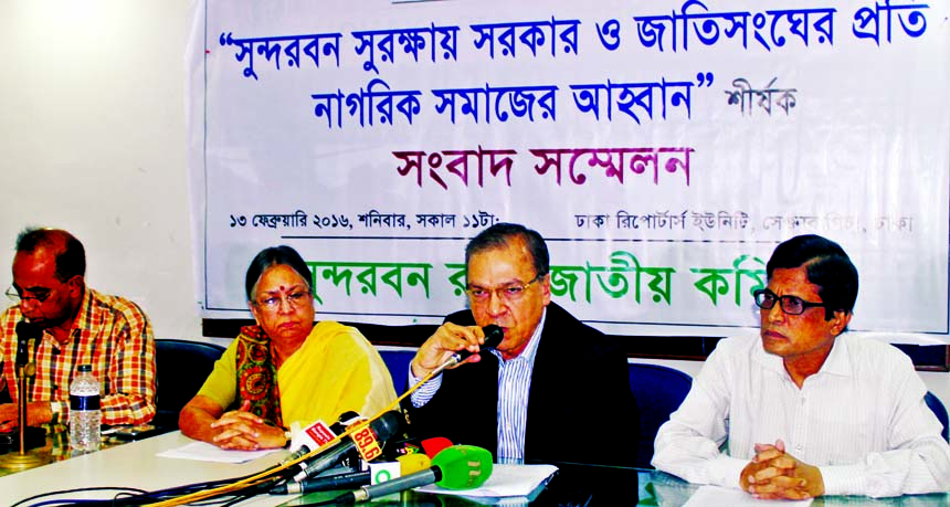 TIB Executive Director Dr Iftekharuzzaman speaking at a press conference on 'Call of Nagorik Samaj to UN to protect Sundarbans' organized by Sundarbans Raksha Jatiya Committee at Dhaka Reporters Unity on Saturday.