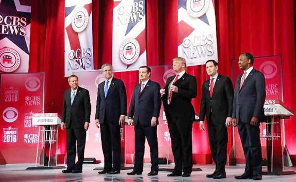 Republican presidential candidates (L-R) Ohio Governor John Kasich, Jeb Bush, Ted Cruz , Donald Trump, Marco Rubio and Ben Carson stand on stage during GOP Debate on Saturday.