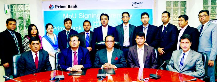 Lt Gen Masud Uddin Chowdhury (Retd), Chairman of Picasso Hospitality and Entertainment and Md. Tabarak Hossain Bhuiyan, Deputy Managing Drector of Prime Bank pose at an agreement signing ceremony at the bank's head office in the city recently.