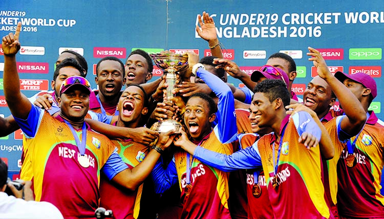 The West Indies side is elated after getting their hands on the trophy at the Sher-e-Bangla National Cricket Stadium in Mirpur on Sunday.