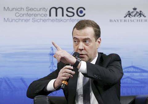 Russian Prime Minister Dmitry Medvedev answers a question from the audience at the Munich Security Conference in Munich, Germany.