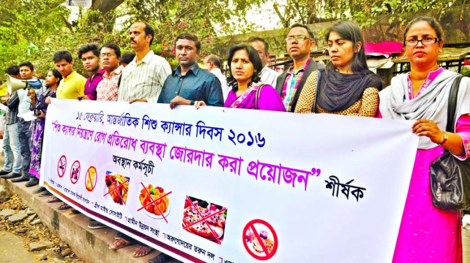 Different organisations formed a human chain in front of Jatiya Press Club on Monday marking International Children Cancer Day-2016.