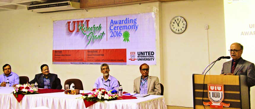 University Grants Commission Chairman Prof Abdul Mannan speaking at a research grant awarding ceremony-2016 in the seminar room of United International University in the city on Monday.