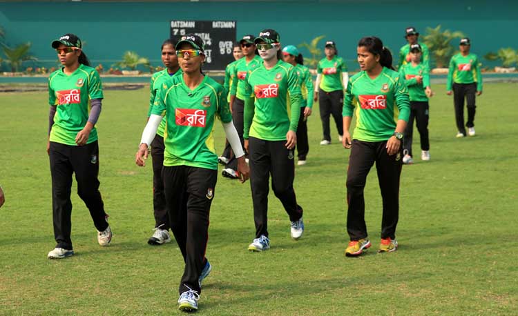 Players of Bangladesh National Women's Cricket team during their practice session at the BCB-NCA Ground in Mirpur on Wednesday.