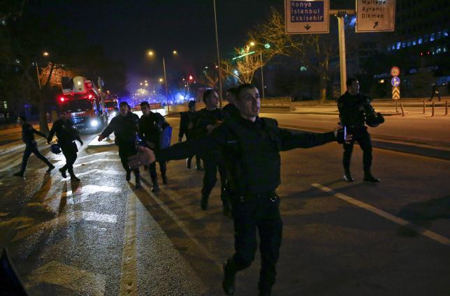 Turkish police officers close a street after an explosion in Ankara, Turkey February 17, 2016. ReutersUmit Bektas
