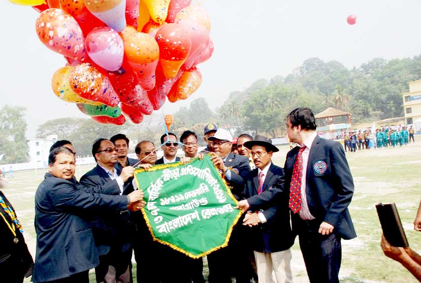 Md Amjad Hossain, DG, Bangladesh Railway inaugurating the 37th annual sports of railway by releasing balloons at Railway playground yesterday.