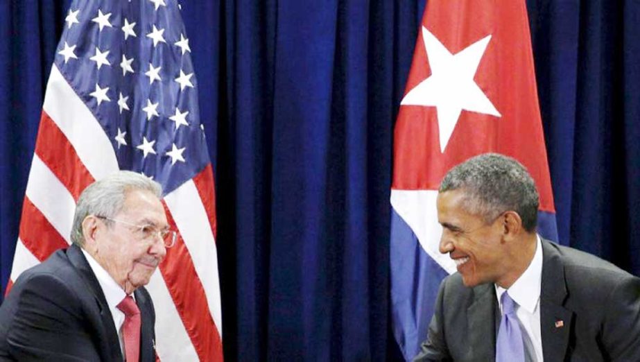 Pres. Barack Obama and Cuban Pres. Raul Castro meet at the United Nations General Assembly in New York last year.