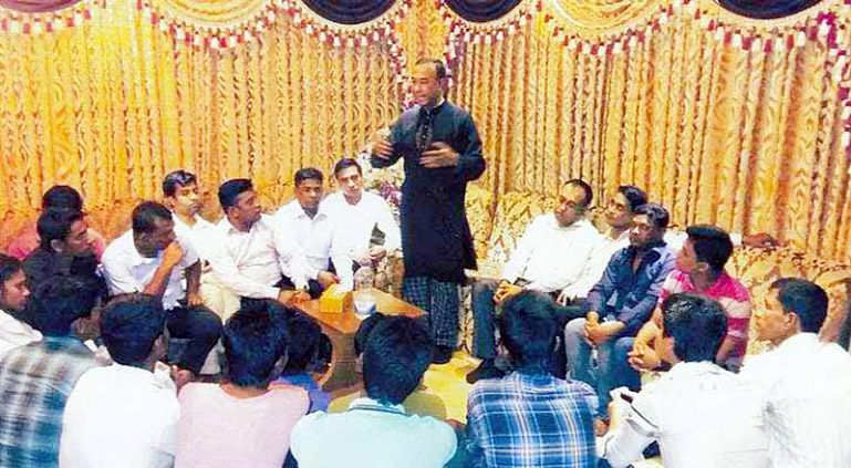 Organising Secretary of BNP central committee Golam Akbar Khondakar addressing the party leaders and workers at his residence in city on Thursday.
