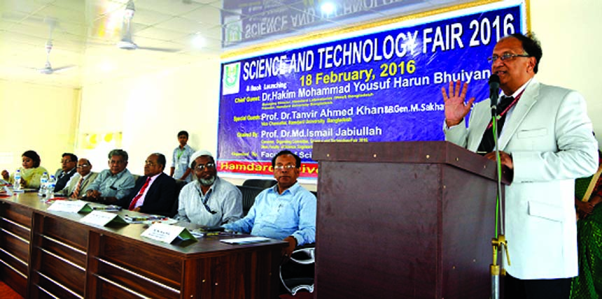 Managing Director of Hamdard Laboratories (Waqf) Bangladesh Dr. Hakim Md. Yousuf Harun Bhuiyan speaking at a daylong festival "Science & Technology Fair 2016"" recently at the premises of the campus in the city recently."