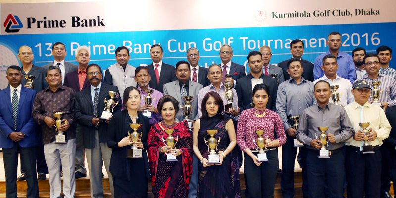 The winners of the Prime Bank Cup Golf Tournament with the guests and the officials of Prime Bank Limited and the officials of Kurmitola Golf Club pose for a photo session at the Kurmitola Golf Club in the city on Friday. Lieutenant General Md Mahfizur Ra