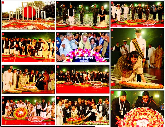 (1) Altar of the Central Shaheed Minar in the city bedecked with flowers after paying tributes to the language martyrs in the early hours on Sunday marking Amar Ekushey and International Mother Language Day, (2) President Abdul Hamid and Prime Minister Sh