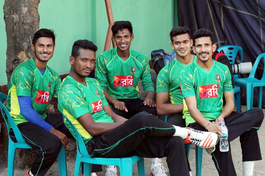 Players of Bangladesh National Cricket team took a break during their practice session at Mirpur on Monday.