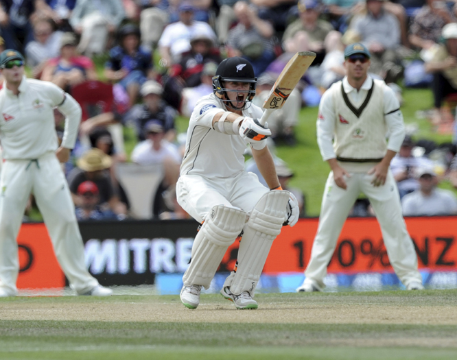 New Zealandâ€™s Tom Latham calls the shot against Australia on the third day of the second international cricket Test match at Hagley Park Oval in Christchurch, New Zealand on Monday.