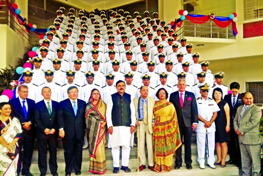 Shipping Minister Shajahan Khan, State Minister of Women and Children Affairs Meher Afroze Chumki, Secretary of Shipping Ministry Ashok Madhob Roy, Commodore M Zakiur Rahman Bhuiyan, Director General of Shipping pose for photo session with the fifth batch