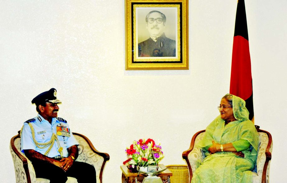 Indian Air Chief Marshal Arup Raha paid a courtesy call on Prime Minister Sheikh Hasina at the latter's office on Tuesday. BSS photo