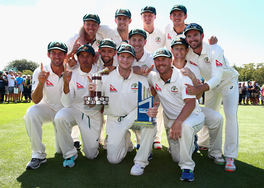 Players of Australia Test side, pose with their series trophies on the 5th day of 2nd Test between New Zealand and Australia at Christchurch on Wednesday.