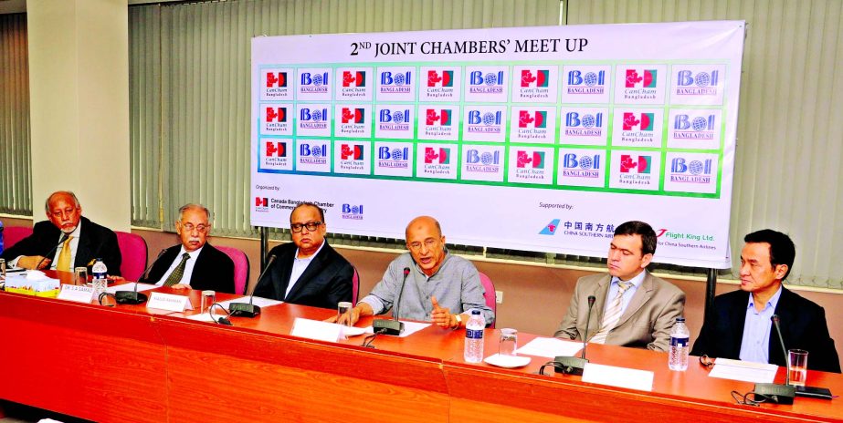 Dr. Tawfiq-e- Elahi Chowdhury, BB (third from right) Adviser to the Prime Minister on Power, Energy and Mineral Resources seen speaking at 2nd joint Chambers' Meet Up organized by Canada Bangladesh Chamber of Commerce and Industry (CanCham Bangladesh), i