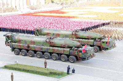 North Korea displays ballistic missiles during a military parade at Kim Il-Sung Square in Pyongyang .