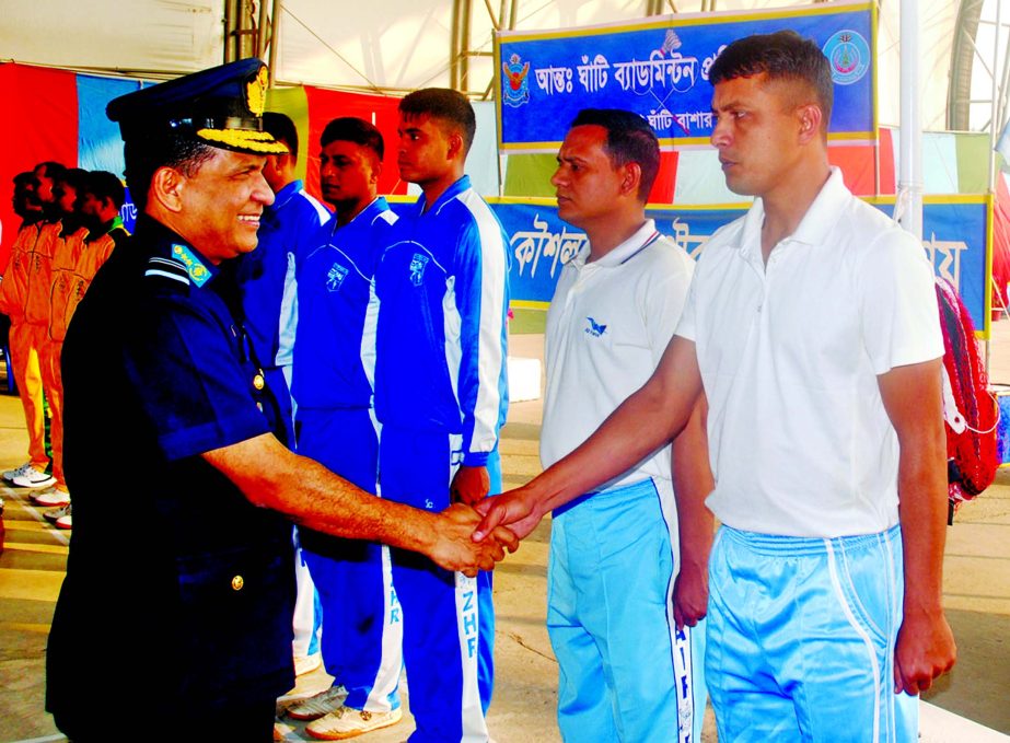 Air Officer Commanding of BAF Base Bashar Air Vice Marshal M Abul Bashar being introduced with the players prior to beginning of BAF Inter-Base Badminton meet at BAF Base Bashar on Sunday.