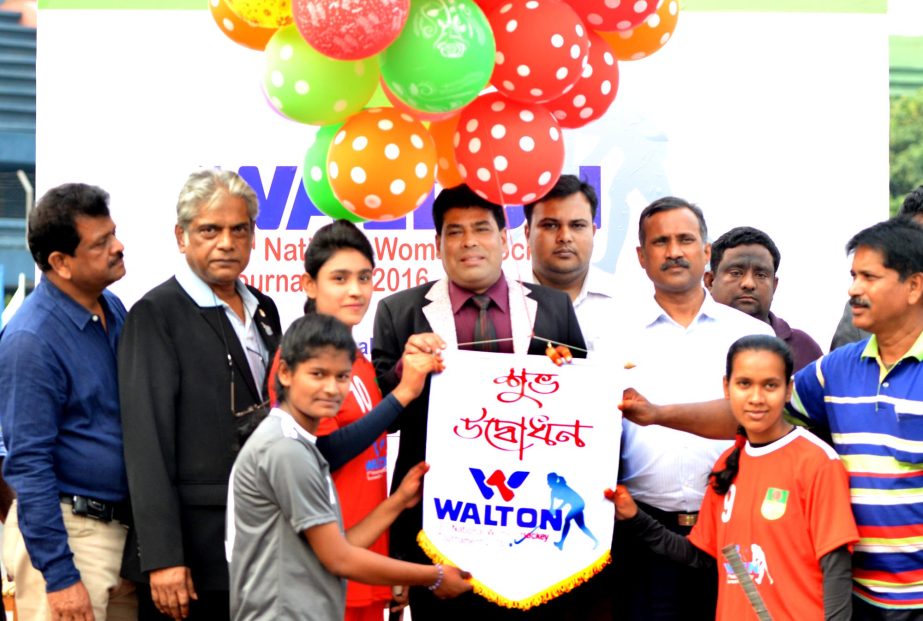 Senior Additional Director of Walton Group FM Iqbal Bin Anwar Dawn inaugurating the Walton 3rd National Women's Hockey Competition by releasing the balloons as the chief guest at the Moulana Bhashani National Hockey Stadium on Monday.