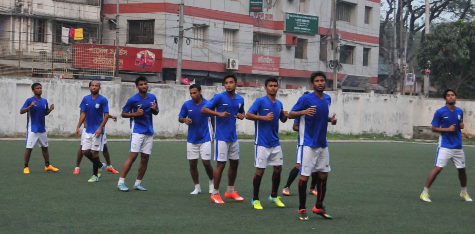 Players of Bangladesh National Football team during their practice session at the BFF Artificial Turf on Monday.