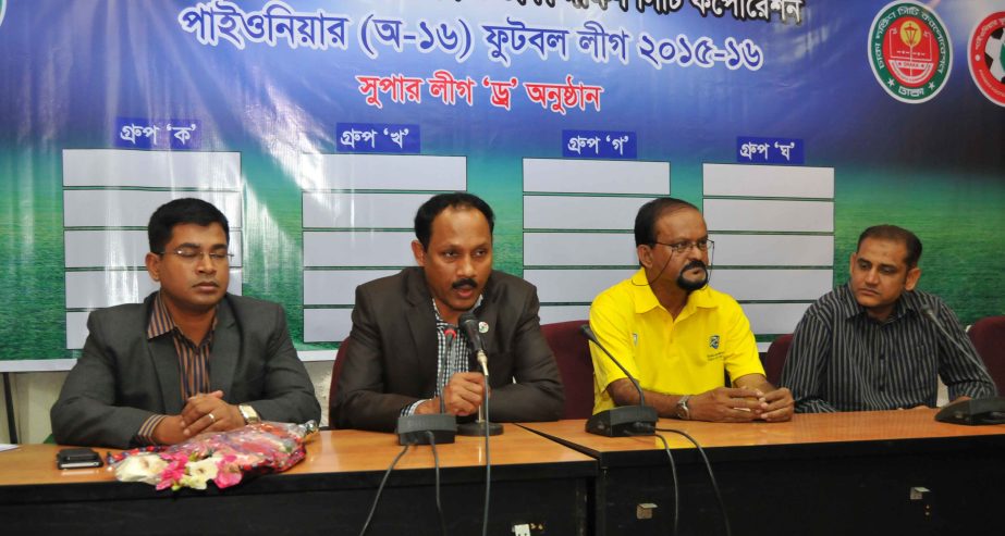 Deputy Chairman of the Dhaka North and Dhaka South City Corporation Pioneer Football League Committee and Member of the Executive Committee of BFF speaking at a press conference at the conference room of Bangladesh Football Federation House on Monday.
