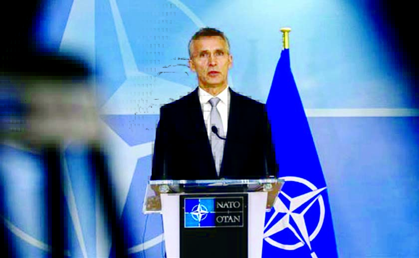 NATO Secretary General Jens Stoltenberg addressing a news conference in the Gulf Arab State of Kuwait on Monday.