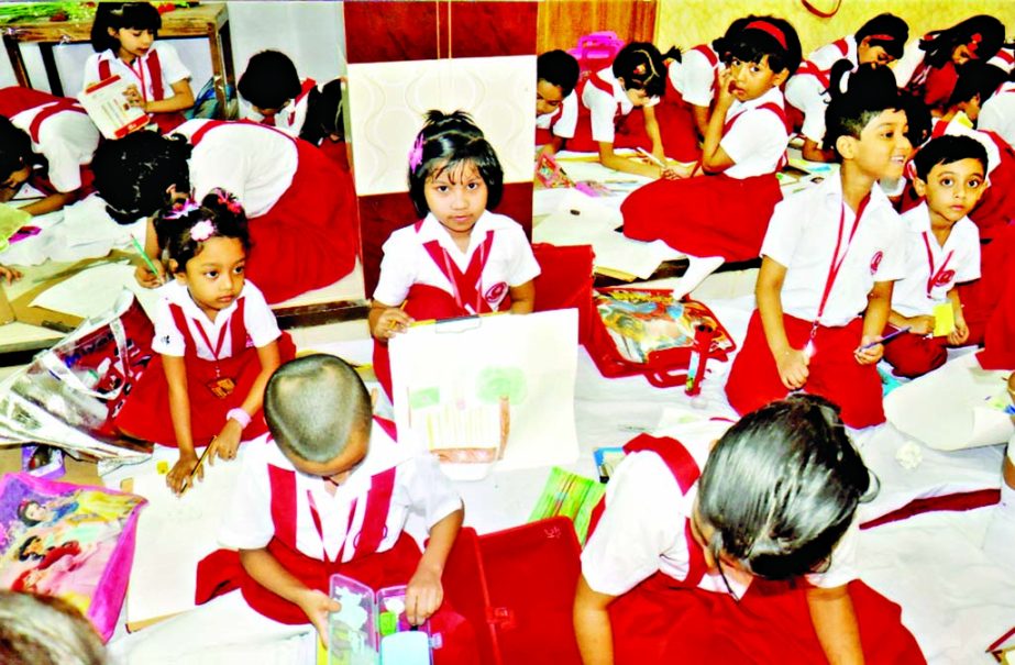 Students of the city's Ful Kunri Nursery School engrossed in drawing at a painting competition at the school premises recently marking Amar Ekushey and International Mother Language Day.