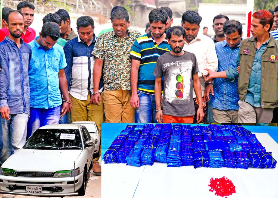 DB Police raided in city's Darus Salam area and arrested 10 gangsters, recovered 70,000 pieces of Yaba and two private cars from their possessions on Tuesday.