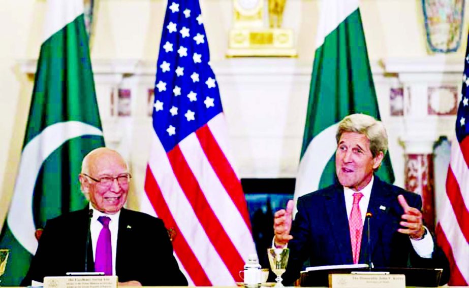 US Secretary of State John Kerry and Pakistan Foreign Affairs Adviser Sartaj Aziz participate in the US-Pakistan strategic dialogue meeting in Washington.