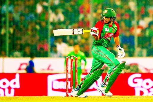 Soumya Sarkar targets the leg side during the Asia Cup Cricket match between Bangladesh and Pakistan at the Mirpur Sher-e-Bangla National Cricket Stadium on Wednesday.
