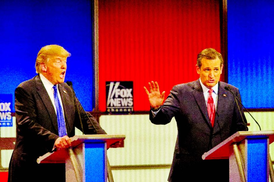 Republican Presidential candidates Ted Cruz and Donald Trump spar during the Republican Presidential Debate in Detroit, Michigan, on Thursday.