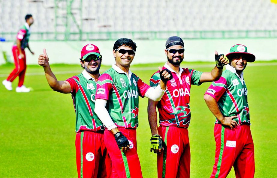 Oman T20 Cricket Team members during their practice session at PCA Stadium on March 3, 2016 in Mohali, India.