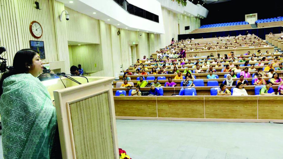 Jatiya Sangsad Speaker Dr Shirin Sharmin Chowdhury speaking at the plenary of a women legislatorsâ€™ conference hosted by the Indian Parliament in Delhi on Friday. PID photo