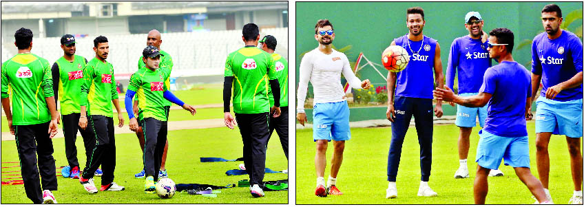 Members of Bangladesh team (left) and players of Indian team during their respective practice sessions at the Sher-e-Bangla National Cricket Stadium in Mirpur on Saturday.