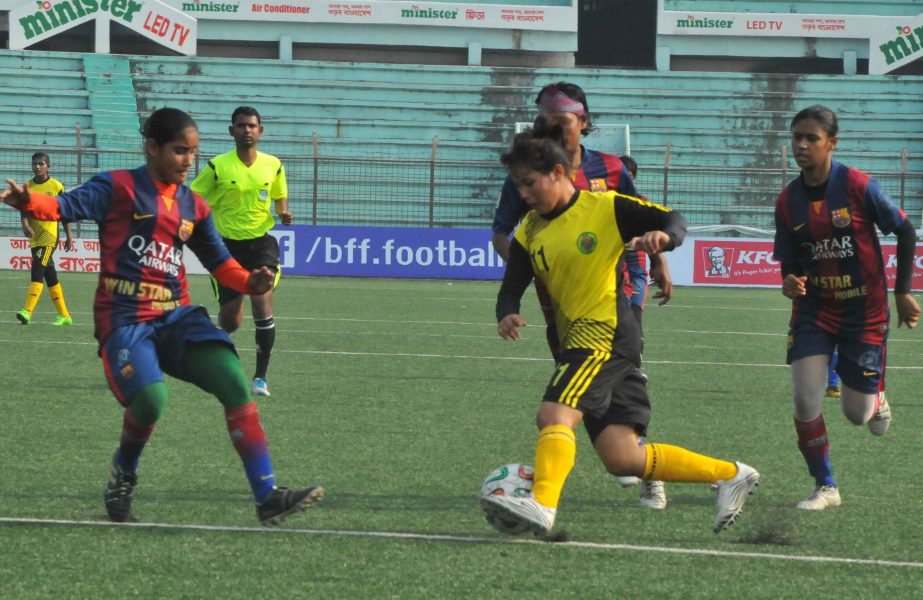 A view of the final round match of the KFC National Women's Football Championship between Bangladesh Ansar & VDP and Satkhira District team at the Bir Shreshtha Shaheed Sepoy Mohammad Mostafa Kamal Stadium in Kamalapur on Saturday.