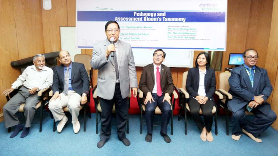 Prof Dr Mesbahuddin Ahmed, Head, Quality Assurance Unit, University Grants Commission of Bangladesh addresses a training program on "Pedagogy and Assessment Bloom's Taxonomy" at Daffodil International University organized by Institutional Quality Assur
