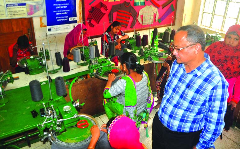 Deputy Director of Ahsania Mission Cancer and General Hospital Kazi Forhad Alvi observing the skill development-training programme for the underprivileged women at the training institute of the hospital in the city recently.