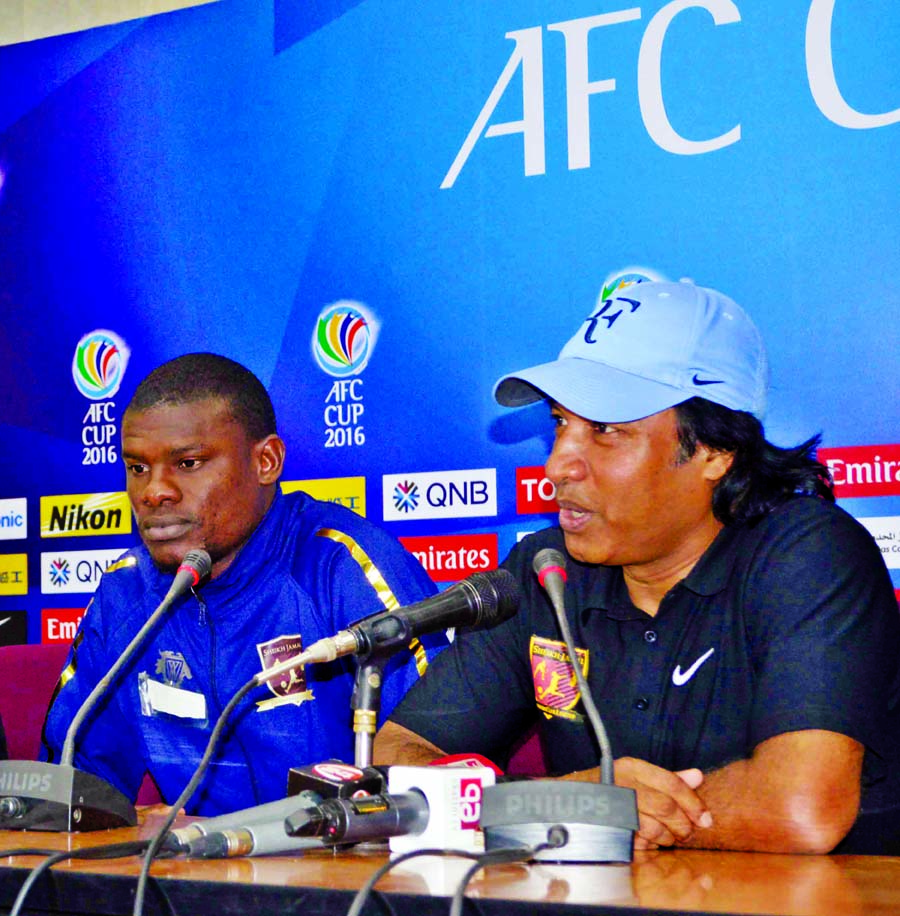 Sheikh Jamal Head Coach Shafiqullah Islam Manik addressing a pre match press conference at BFF Bhaban on Monday.