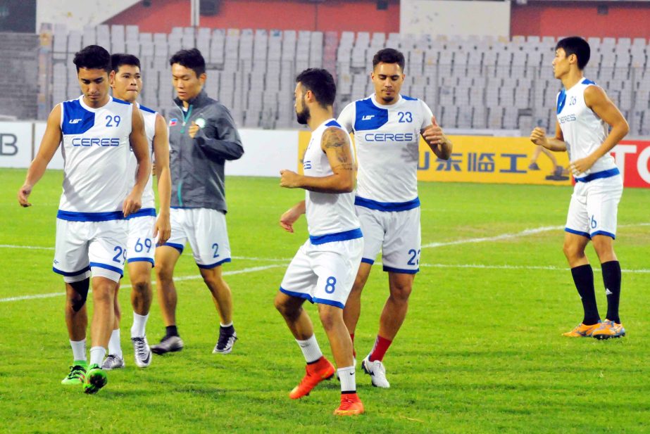 Players of Ceres La Salle FC during a practice session at the Bangbandhu National Stadium on Monday.
