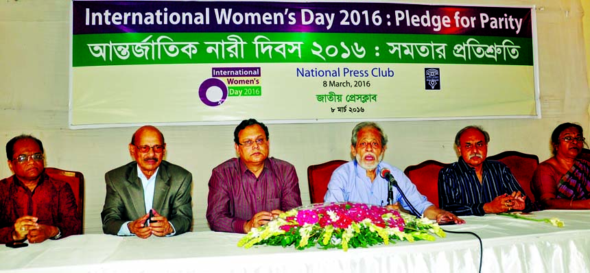 Jatiya Press Club President Md Shafiqur Rahman speaking at a discussion on 'International Women's Day: Pledge for Parity' at the club on Tuesday.