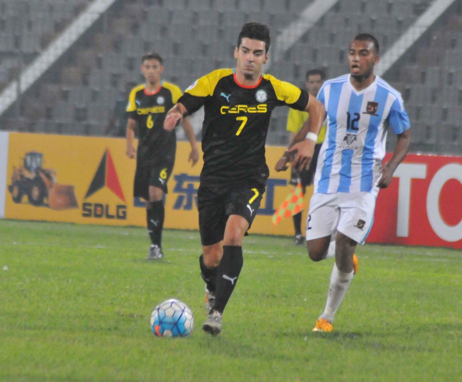 A moment of the match of the AFC Cup Football between Sheikh Jamal Dhanmondi Club Limited of Bangladesh and Cares La Salle FC of Philippines at the Bangabandhu National Stadium on Tuesday.