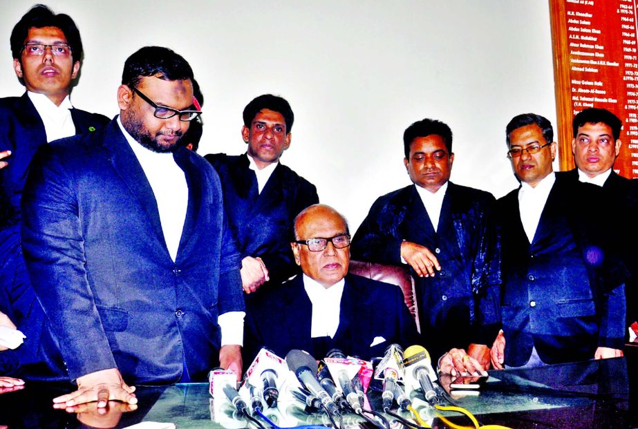 Khandker Mahbub Hossain Supreme Court Bar Association President and lawyer of Mir Quasem Ali speaking at a press conference after verdict on Tuesday.