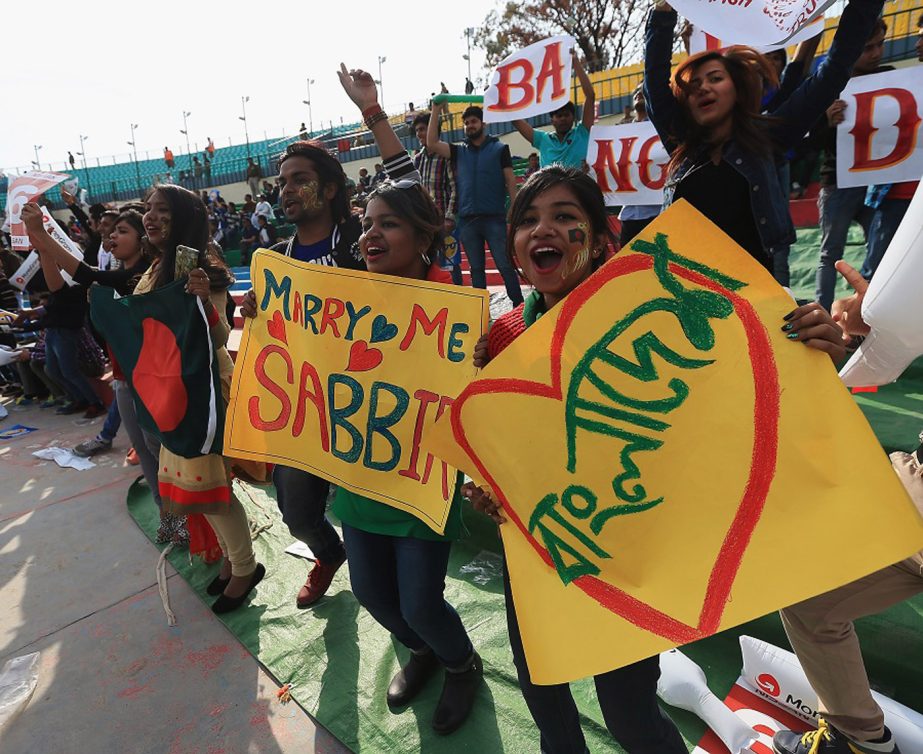 Bangladesh fans show their support during the ICC Twenty20 World Cup match between Bangladesh and Netherlands at HPCA Stadium in Dharamsala, India on Wednesday.